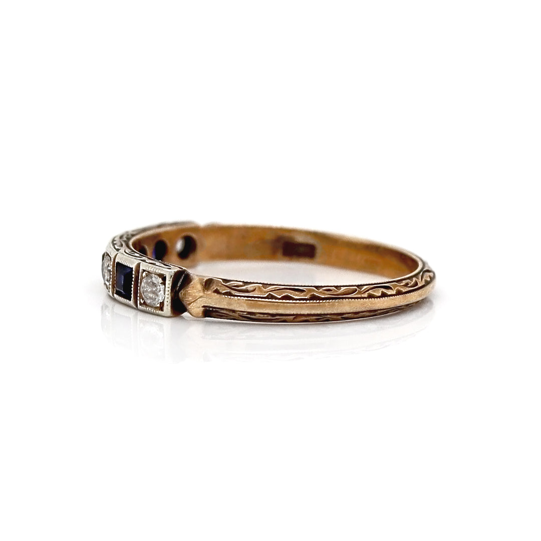 9CT Yellow And White Gold Sapphire With Diamond Vintage Half Eternity Ring