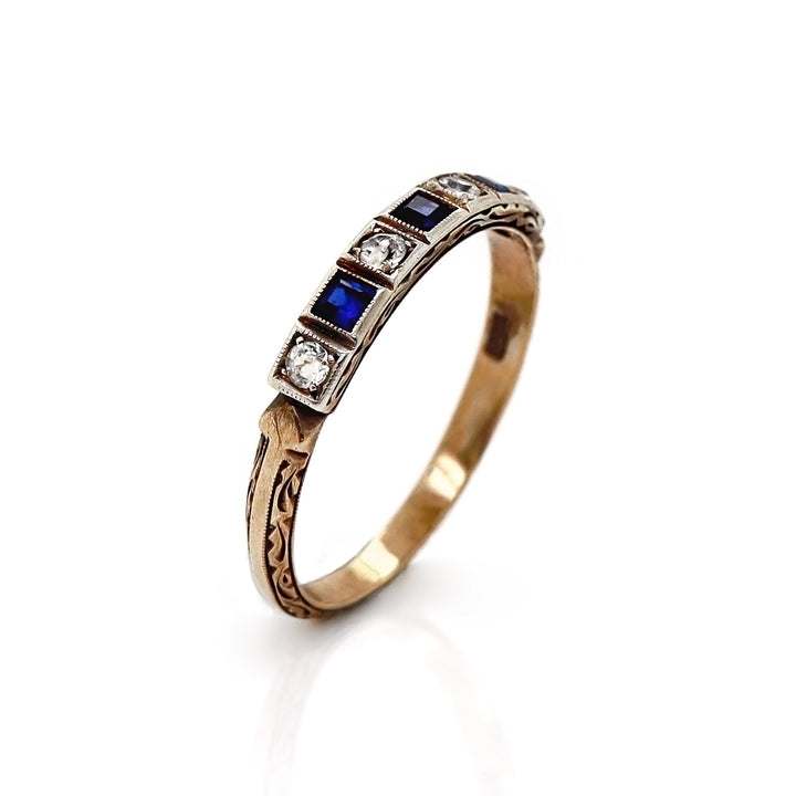 9CT Yellow And White Gold Sapphire With Diamond Vintage Half Eternity Ring