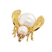 14CT Yellow Gold Vintage Ruby & Pearl Insect Brooch