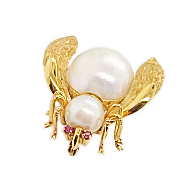 14CT Yellow Gold Vintage Ruby & Pearl Insect Brooch