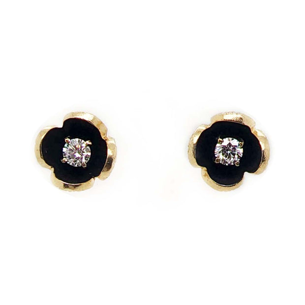 14CT  Yellow Gold Black Enamel & Diamond Floral Earrings