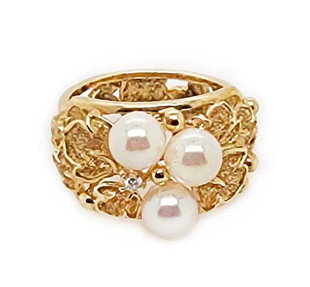14CT Yellow Gold Vintage Pearl & Diamond Foliage Ring