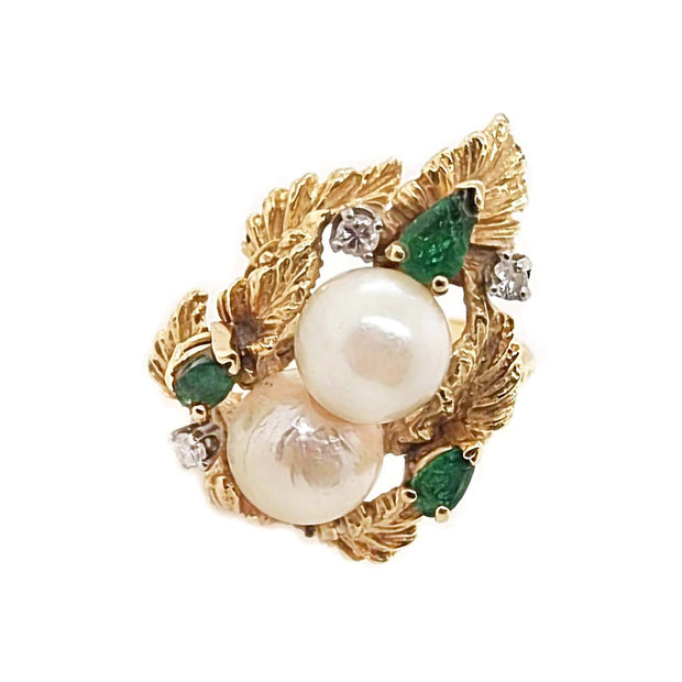 14CT Yellow Gold Vintage Pearl, Diamond & Emerald Bouquet Ring