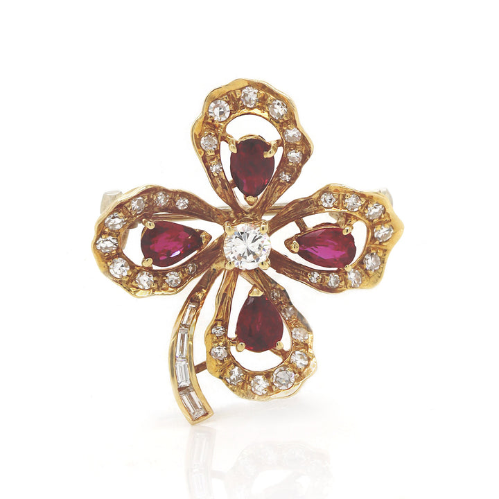 18ct Yellow Gold Vintage Ruby & Diamond Clover Brooch