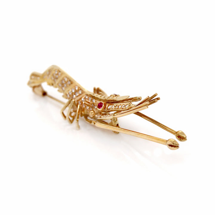 18CT Yellow Gold Diamond & Ruby Shrimp Brooch