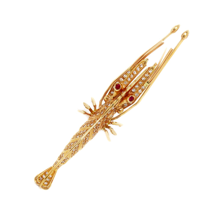 18CT Yellow Gold Diamond & Ruby Shrimp Brooch
