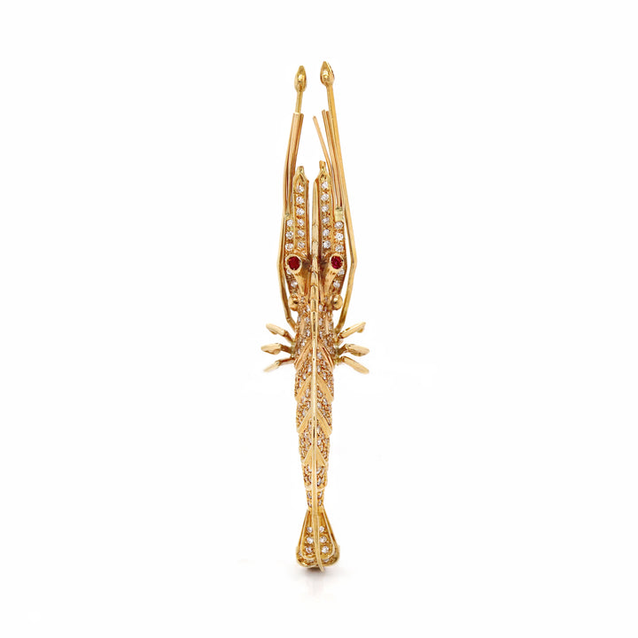 18CT Yellow Gold Diamond & Ruby Shrimp Brooch
