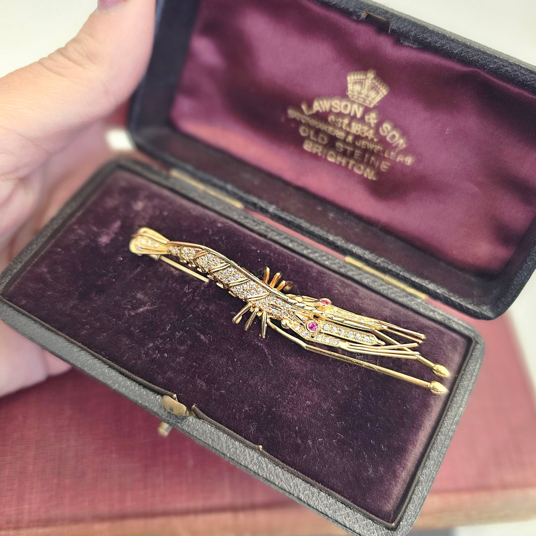 18CT Yellow Gold Diamond & Ruby Shrimp Brooch
