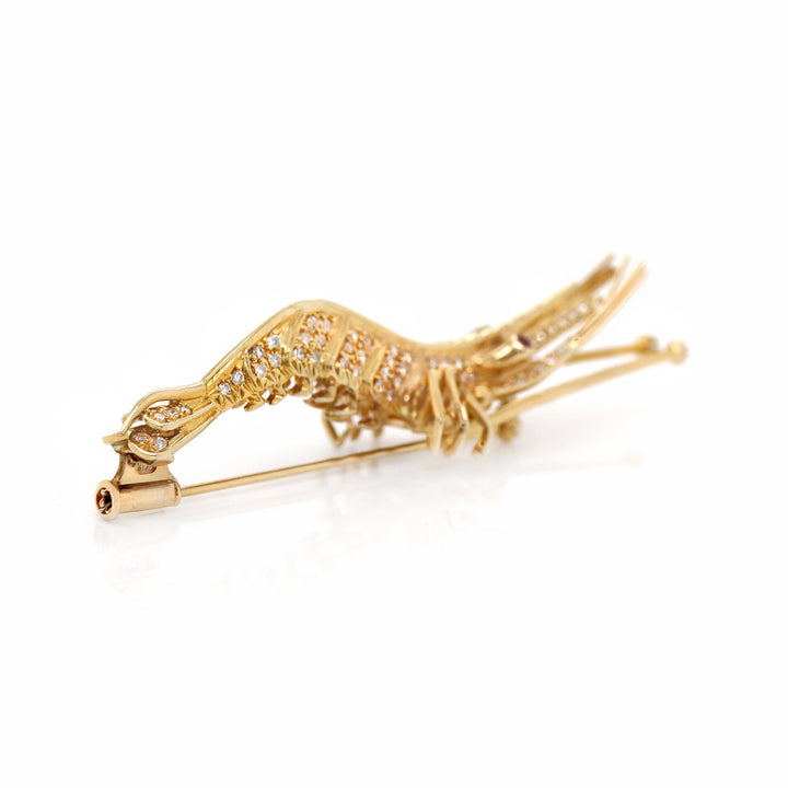 18CT Yellow Gold Diamond & Ruby Shrimp Brooch