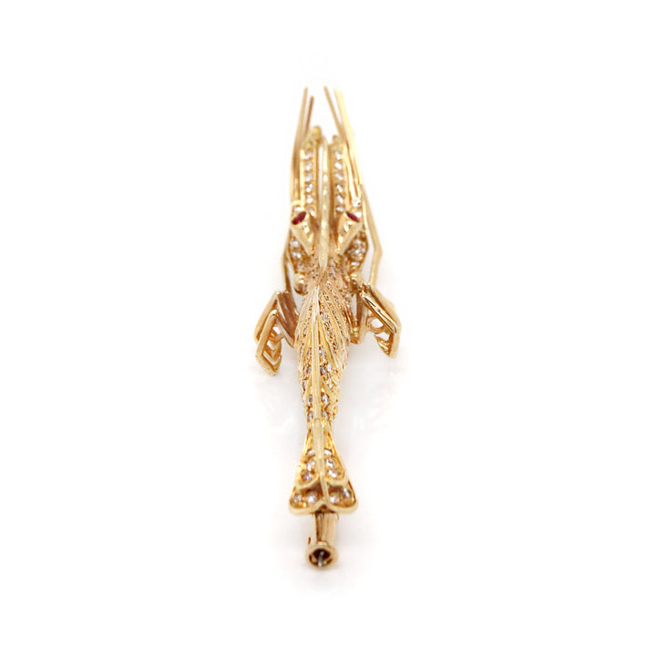 18CT Yellow Gold Diamond & Ruby Shrimp Brooch