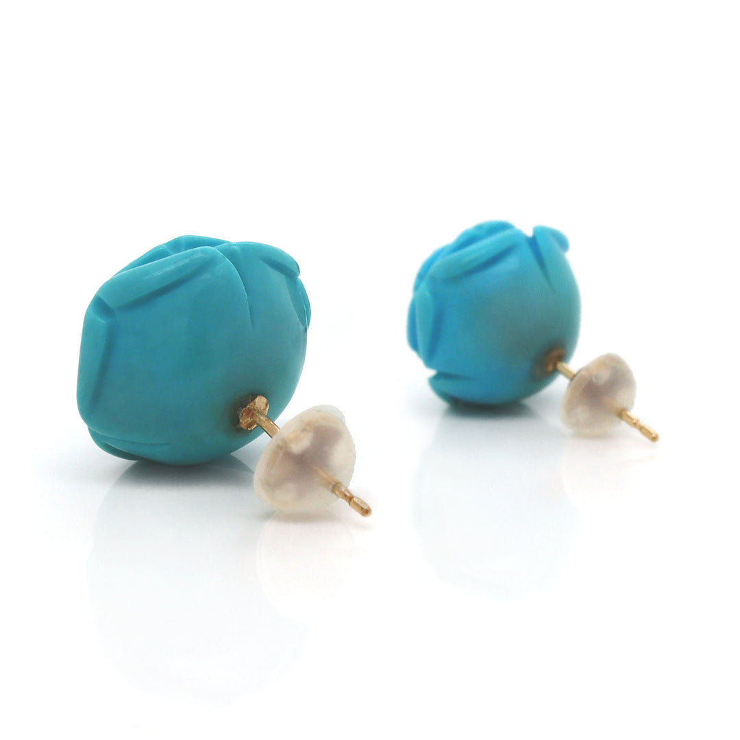 18CT Yellow Gold Carved Rose Turquoise Earrings