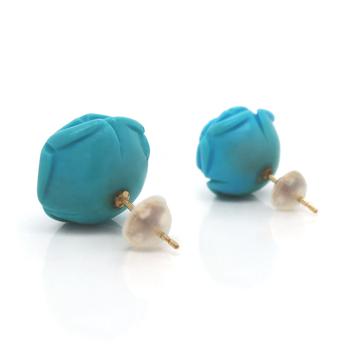 18CT Yellow Gold Carved Rose Turquoise Earrings
