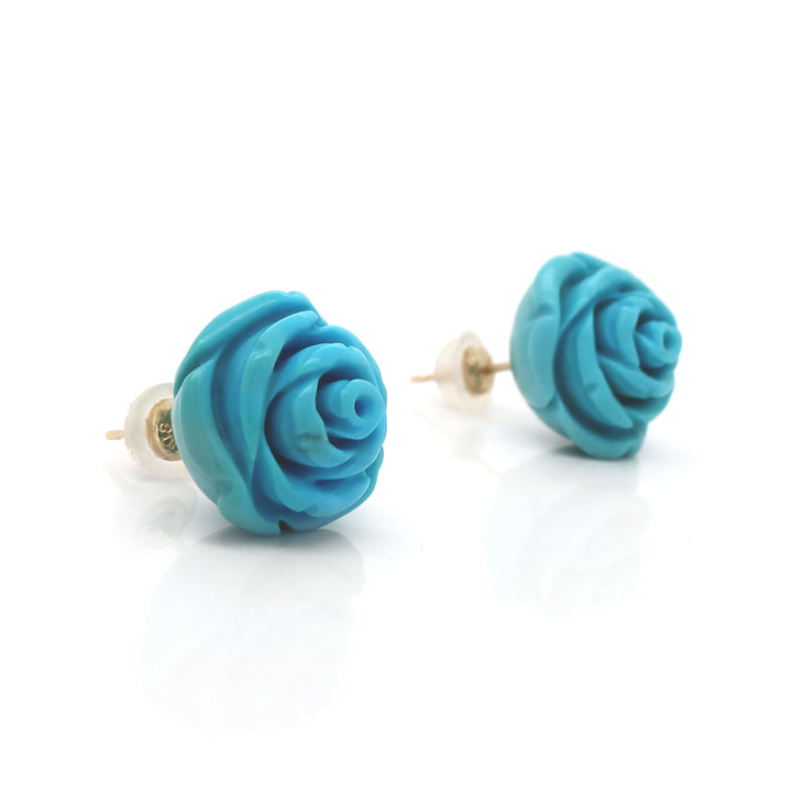 18CT Yellow Gold Carved Rose Turquoise Earrings