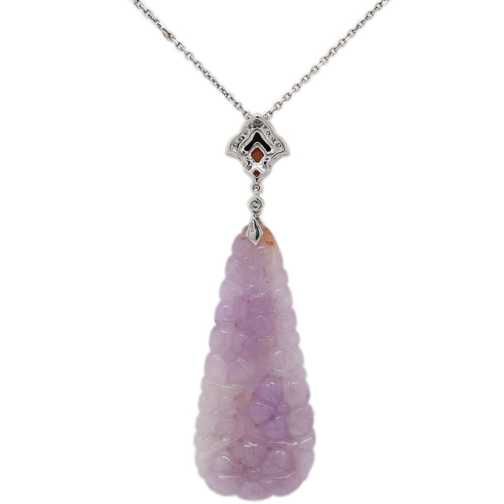 18CT White Gold Lavender Jade, Coral, Onyx, Diamond Pendant & Necklace