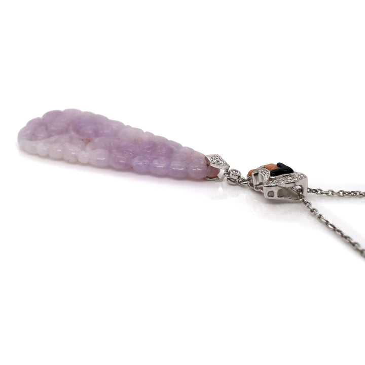 18CT White Gold Lavender Jade, Coral, Onyx, Diamond Pendant & Necklace