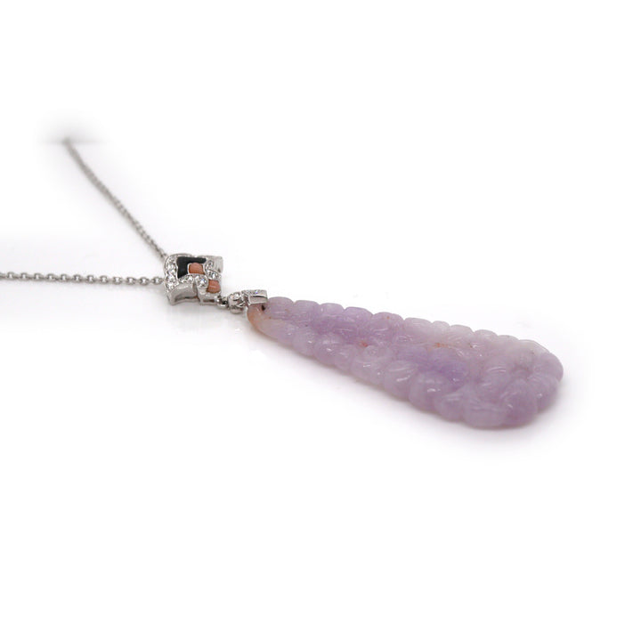 18CT White Gold Lavender Jade, Coral, Onyx, Diamond Pendant & Necklace