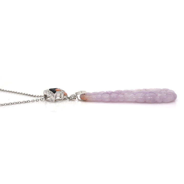 18CT White Gold Lavender Jade, Coral, Onyx, Diamond Pendant & Necklace