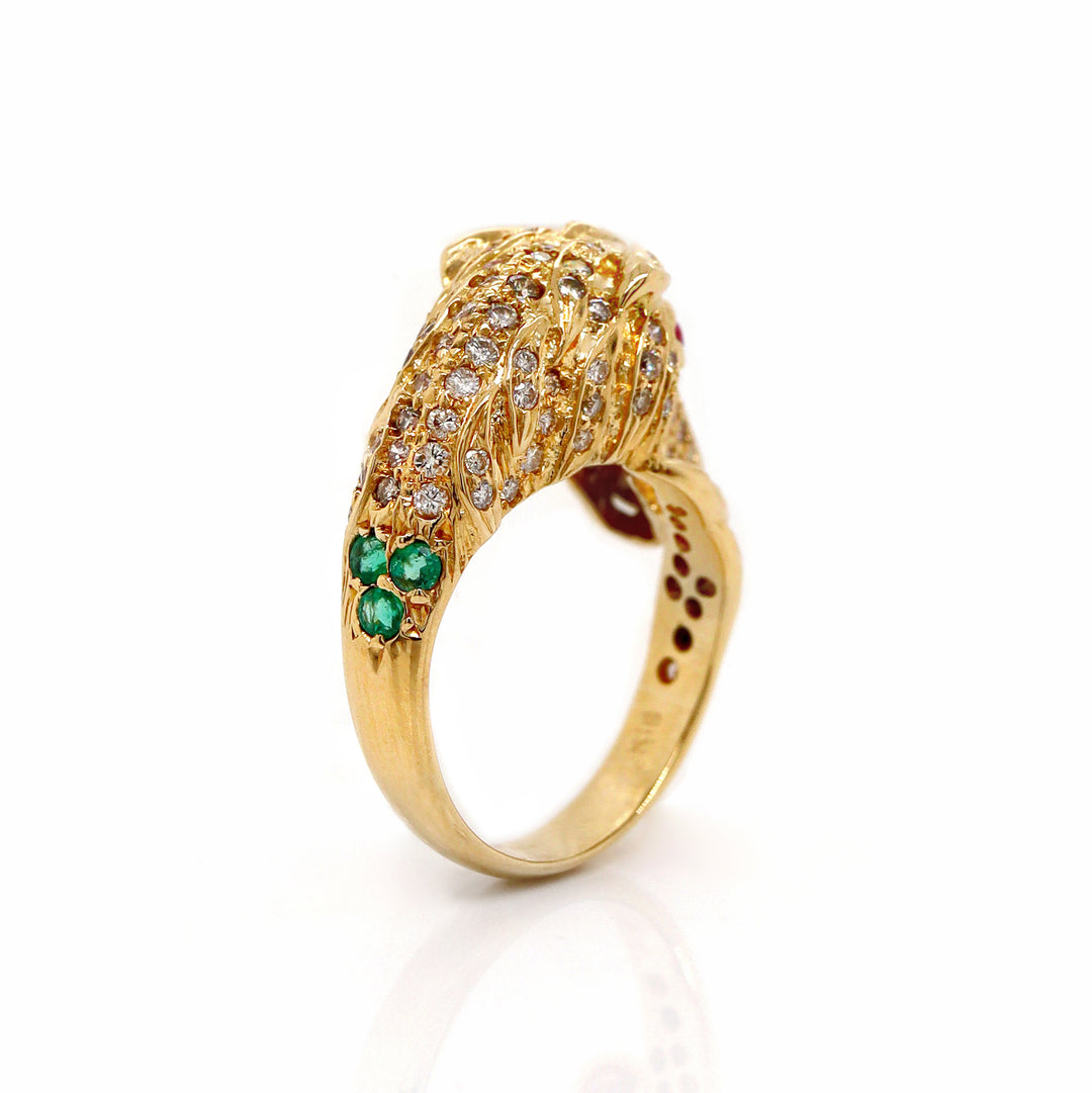 18ct Yellow Gold Diamond Ruby Emerald Horse Ring