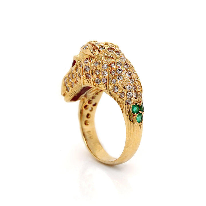 18ct Yellow Gold Diamond Ruby Emerald Horse Ring