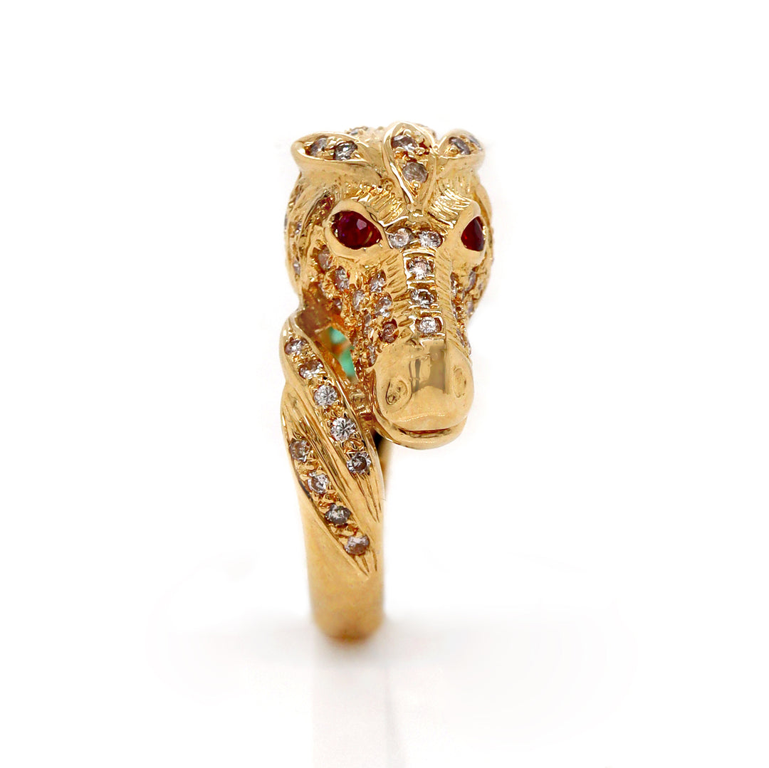 18ct Yellow Gold Diamond Ruby Emerald Horse Ring