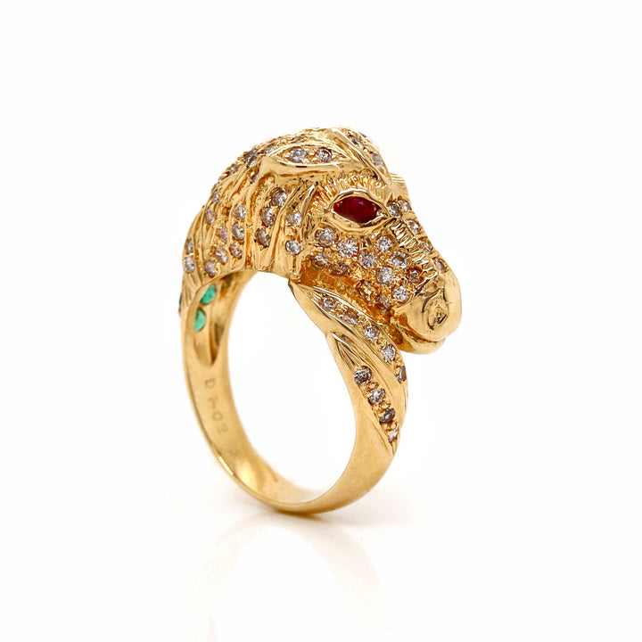 18ct Yellow Gold Diamond Ruby Emerald Horse Ring