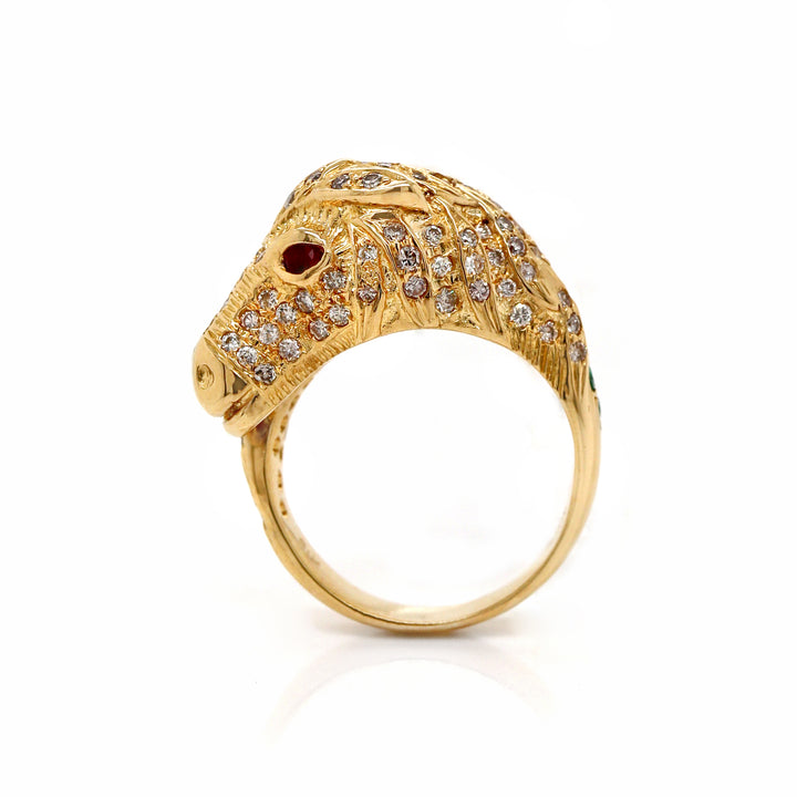 18ct Yellow Gold Diamond Ruby Emerald Horse Ring