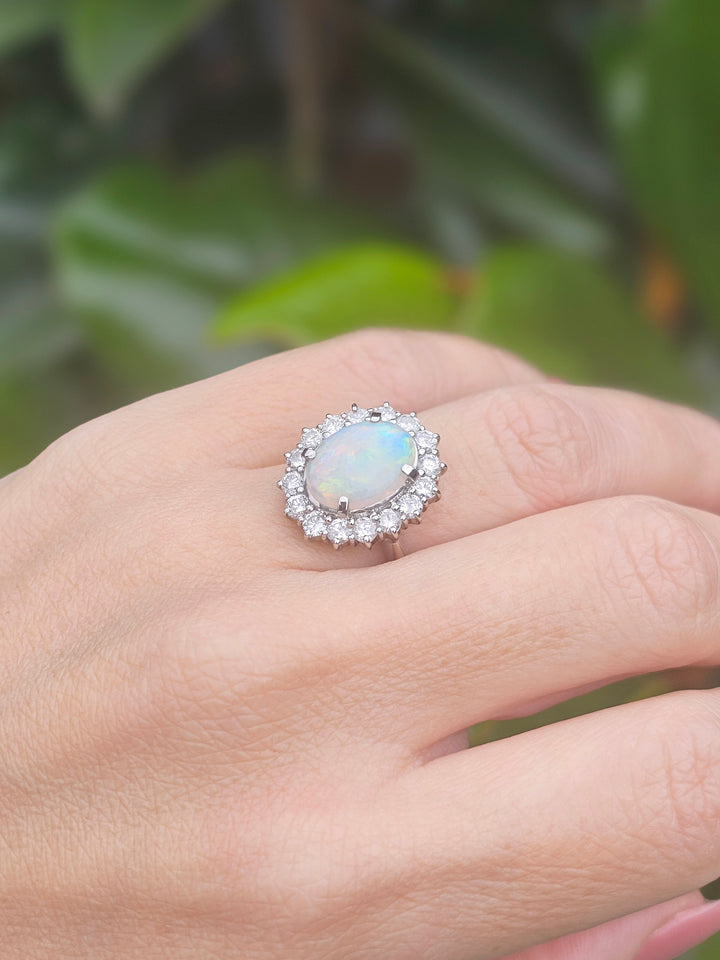 Platinum Pt900 Australian Opal and Diamond Ring