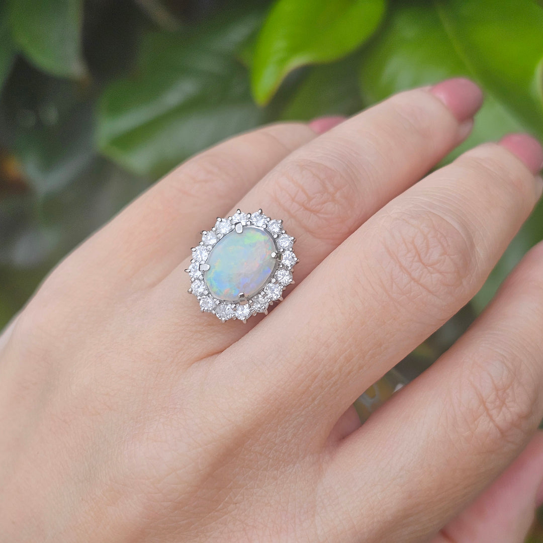 Platinum Pt900 Australian Opal and Diamond Ring