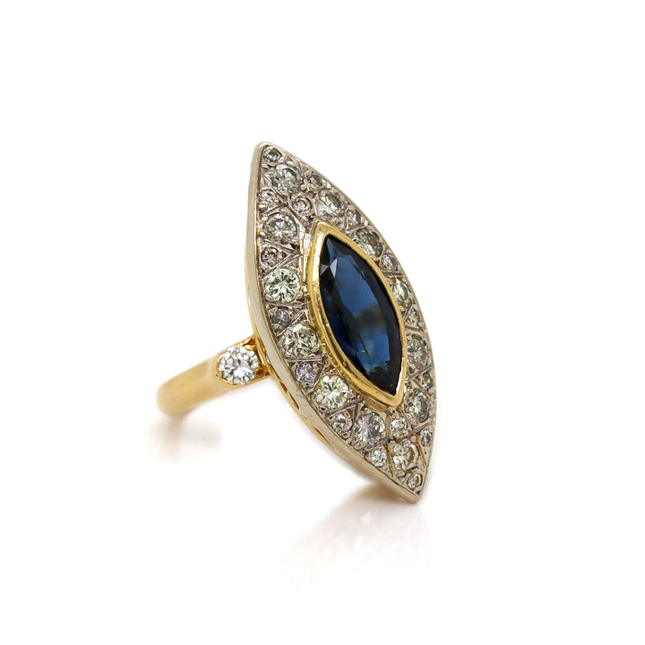 18CT Yellow Gold French Sapphire And Diamond Art Deco Ring
