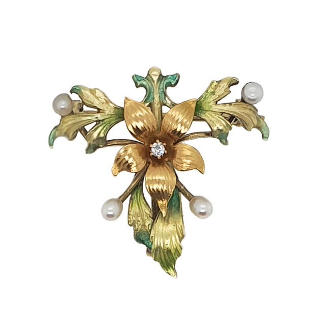 14CT Yellow Gold Art Nouveau Floral Diamond Seed Pearl Enamel Brooch