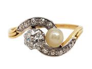 18CT Yellow Gold & Platinum Vintage Toi Et Moi Pearl & Diamond Ring
