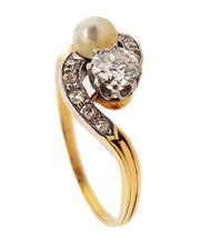 18CT Yellow Gold & Platinum Vintage Toi Et Moi Pearl & Diamond Ring