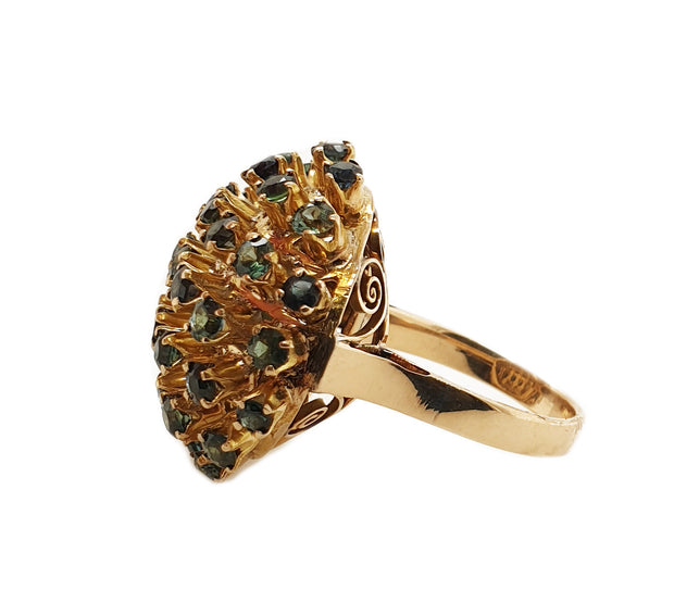14CT Yellow Gold Vintage Star Burst Dome Sapphire Cocktail Ring