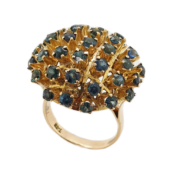 14CT Yellow Gold Vintage Star Burst Dome Sapphire Cocktail Ring
