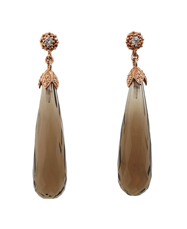 14CT Rose Gold Smokey Quartz Briolette & Diamond Earrings