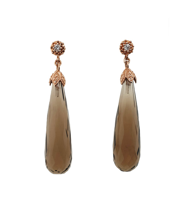 14CT Rose Gold Smokey Quartz Briolette & Diamond Earrings