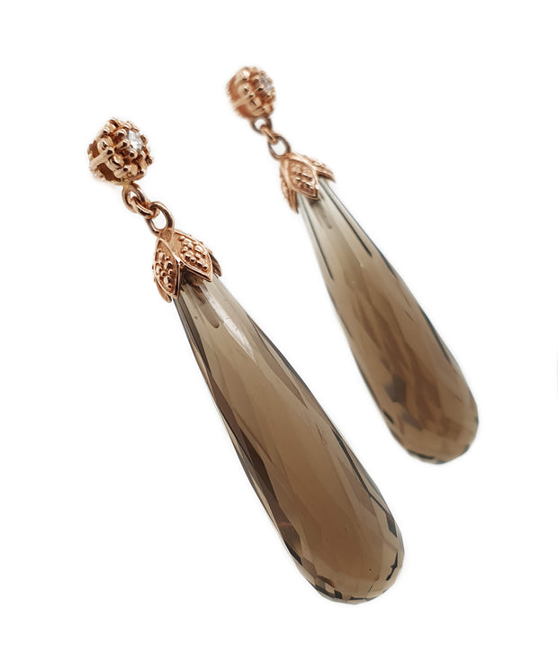 14CT Rose Gold Smokey Quartz Briolette & Diamond Earrings