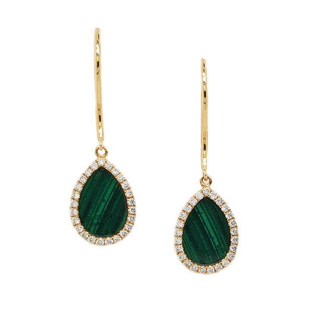 18CT Yellow Gold Malachite & Diamond Drop Earrings