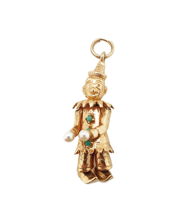 14CT Yellow Gold Vintage Articulated Clown Turquoise Pearl Charm