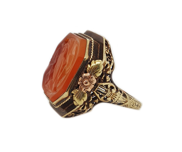 14CT Tri-colour Gold Carnelian Carved Intaglio Ring C.1930