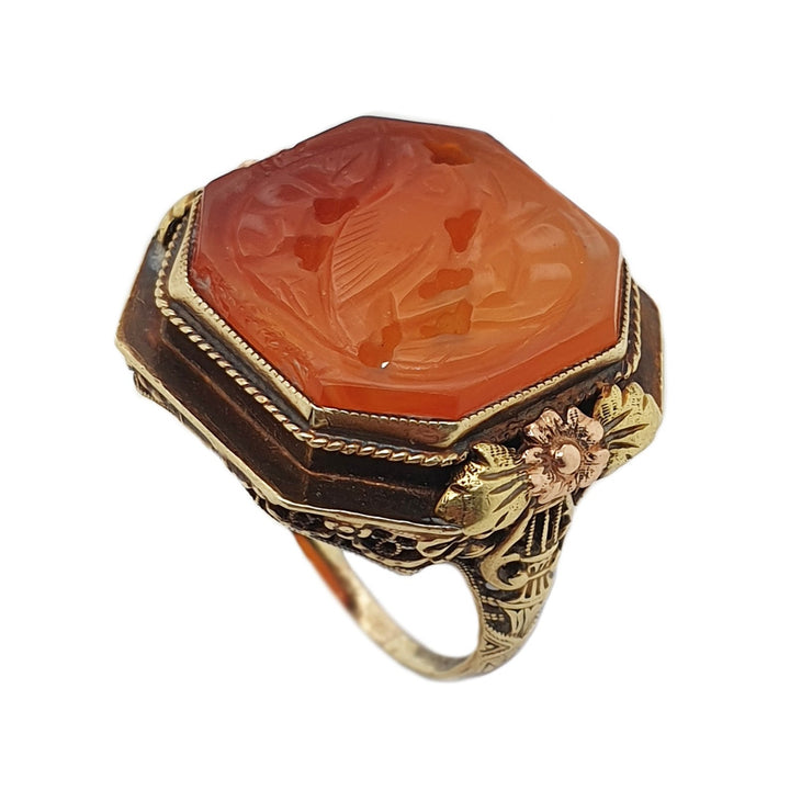 14CT Tri-colour Gold Carnelian Carved Intaglio C.1930 Ring