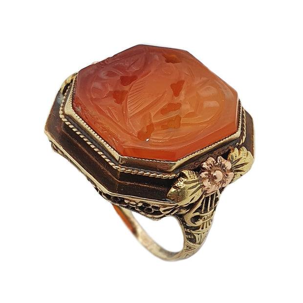 14CT Tri-colour Gold Carnelian Carved Intaglio Ring C.1930