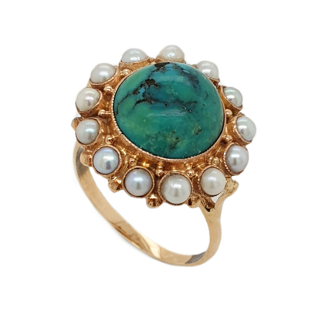 14CT Yellow Gold Vintage Turquoise & Pearl Cocktail Ring