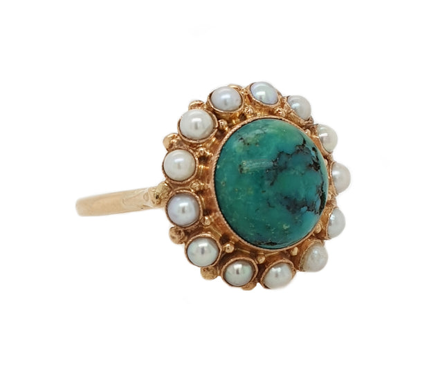 14CT Yellow Gold Vintage Turquoise & Pearl Cocktail Ring