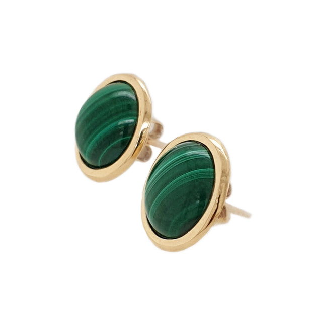 14CT Yellow Gold Malachite Round Cabochon Earrings