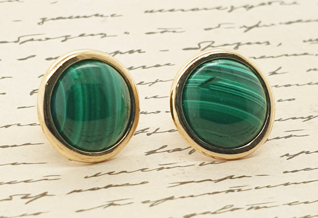 14CT Yellow Gold Malachite Round Cabochon Earrings