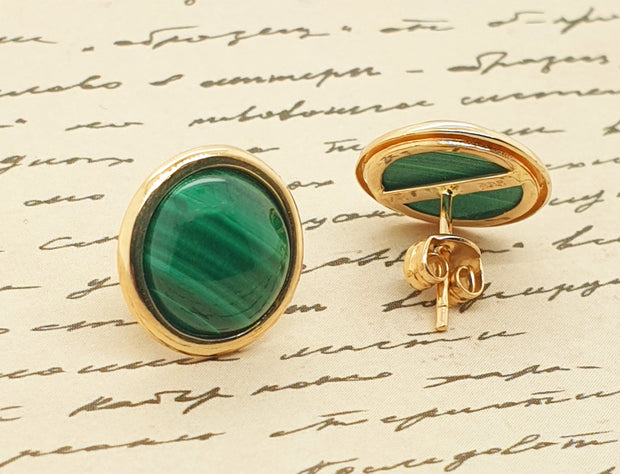 14CT Yellow Gold Malachite Round Cabochon Earrings