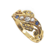 18CT Yellow Gold Antique Sapphire, Pearl & Diamond Ring