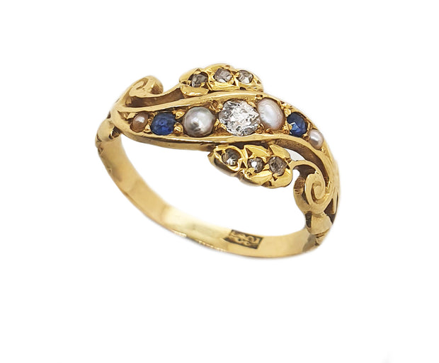 18CT Yellow Gold Antique Sapphire, Pearl & Diamond Ring