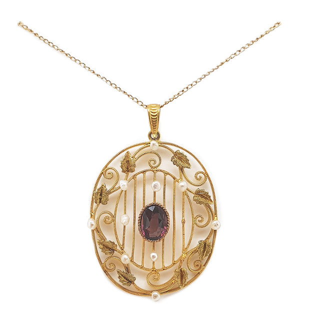 18CT Yellow Gold Vintage Amethyst & Seed Pearl Pendant & Necklace